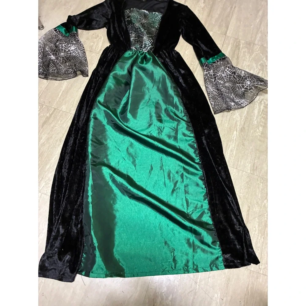 Kids Witch Vampire Costume Dress Black Green Spiderweb Bell Sleeve Large